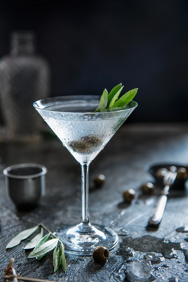 Martini mit Oliven und Olivenzweig