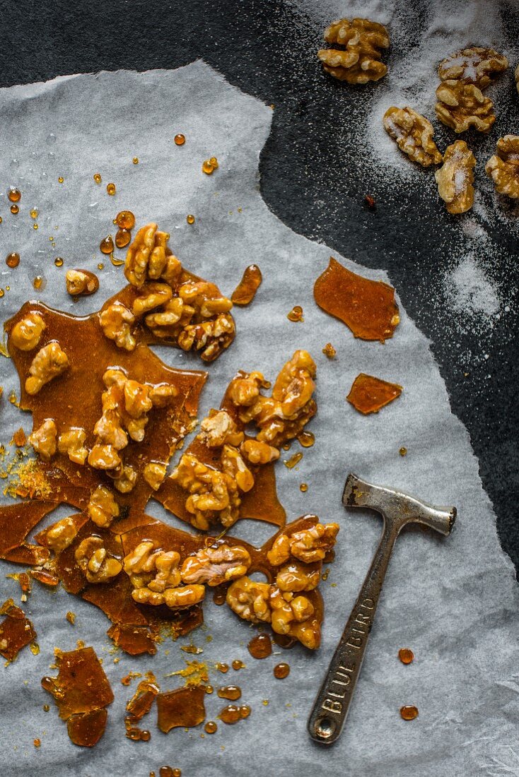 Walnut brittle and a toffee hammer
