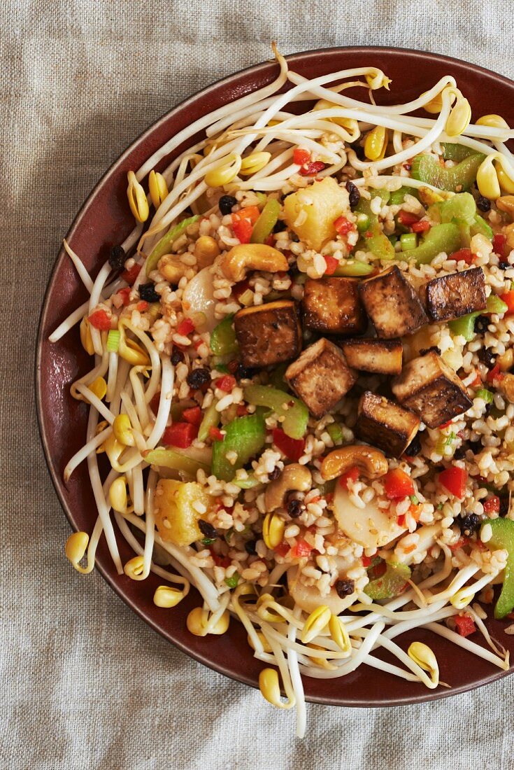 Indonesischer Reissalat mit gebratenem Tofu