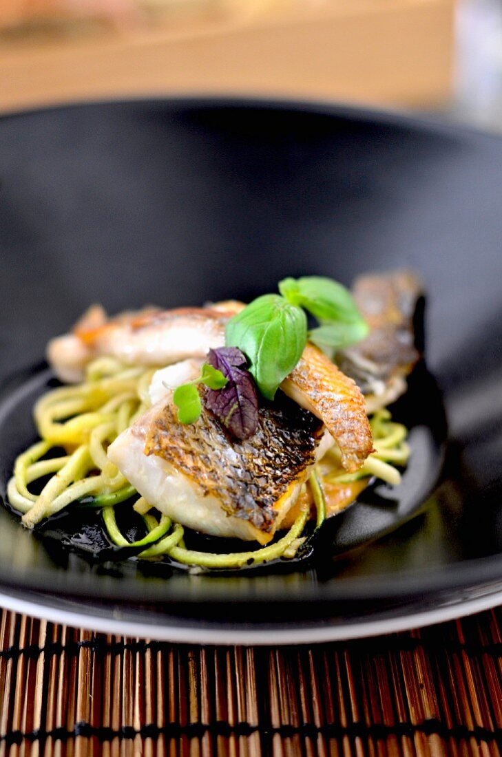 Fried sea bass with zoodles