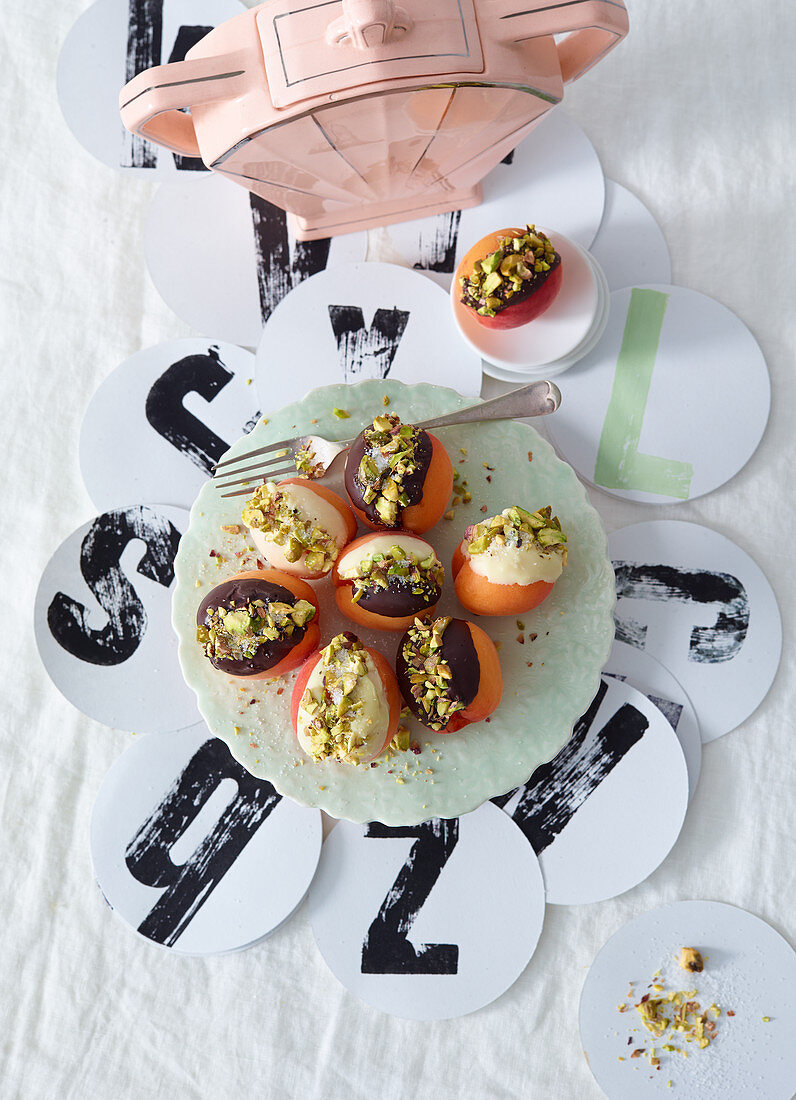 Pistachio apricots dipped in chocolate