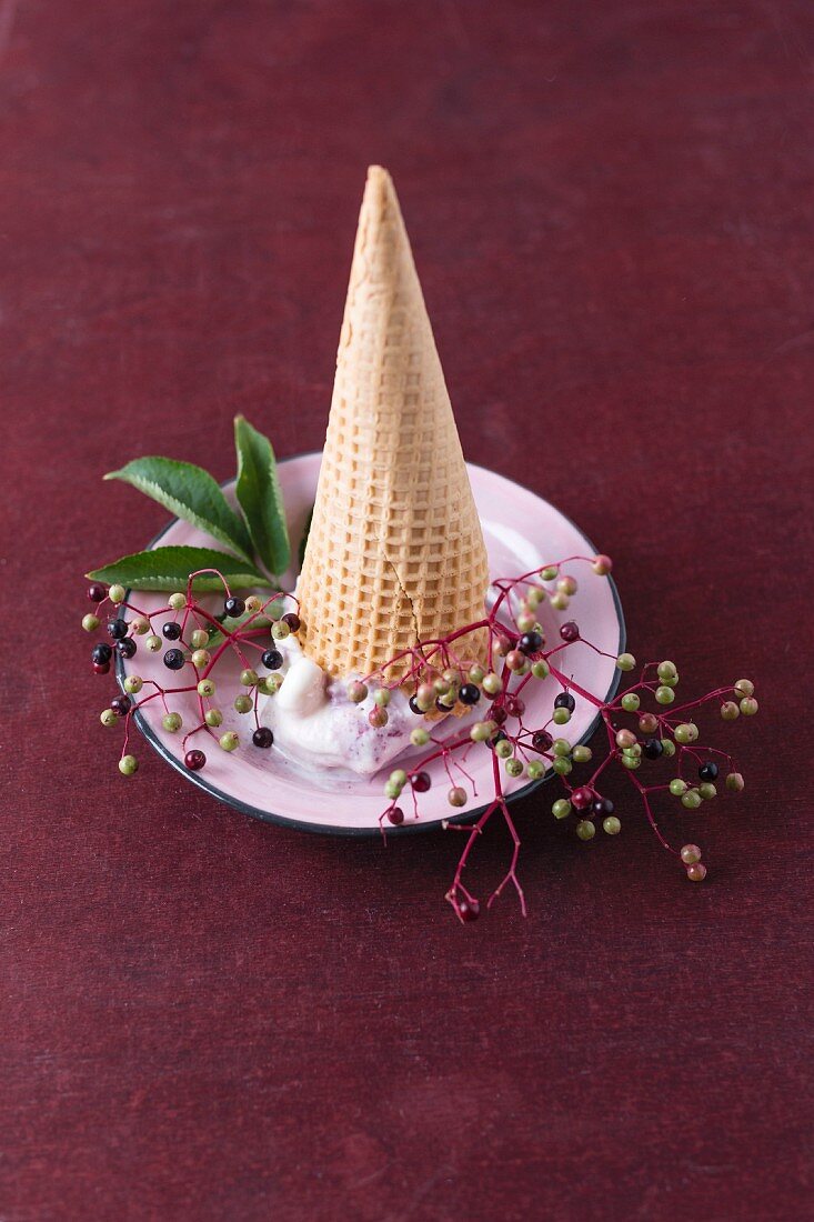An upside down ice cream cone with elderberry ice cream