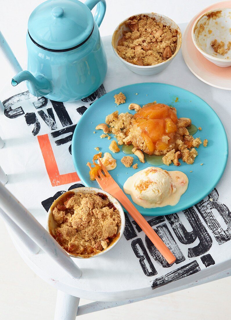 Nut and apricot crumble with apricot parfait