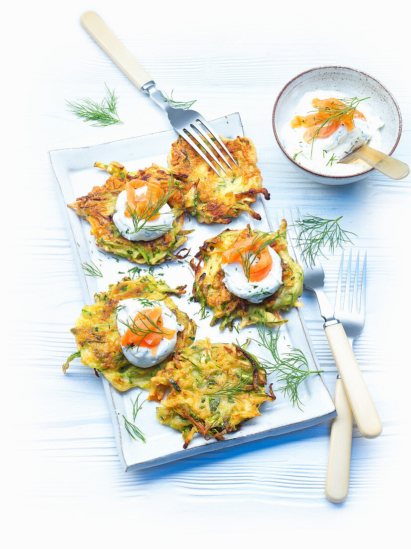 Courgette fritters with a cream cheese topping and smoked salmon