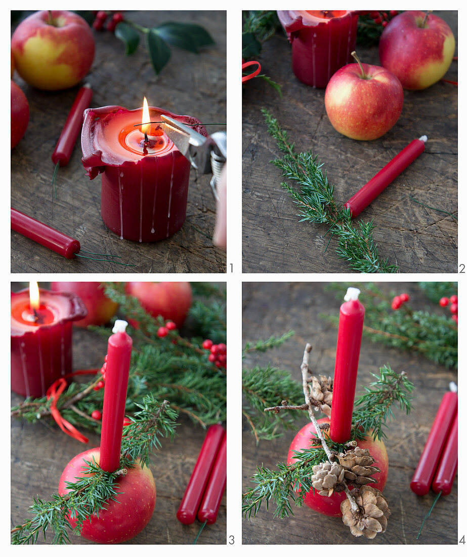 Decorating Christmas apples with candles, larch cones and juniper sprigs