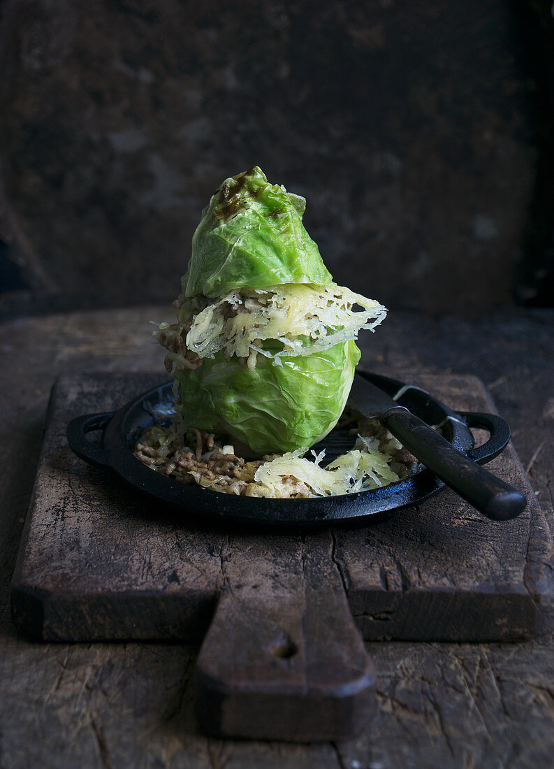 A mini pointed cabbage filled with minced meat