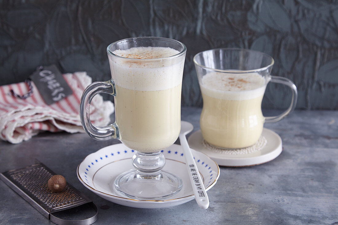 Eggnog (egg milk punch made with whiskey and cinnamon)