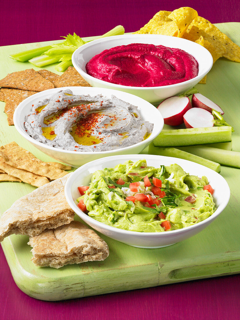 Guacamole, spicy bean dip and black bean hummus (Mexico)