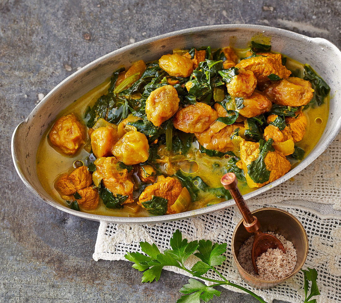 Khoreshte Aloo-Esfenadj – meat with a Persian spinach and yellow plum sauce