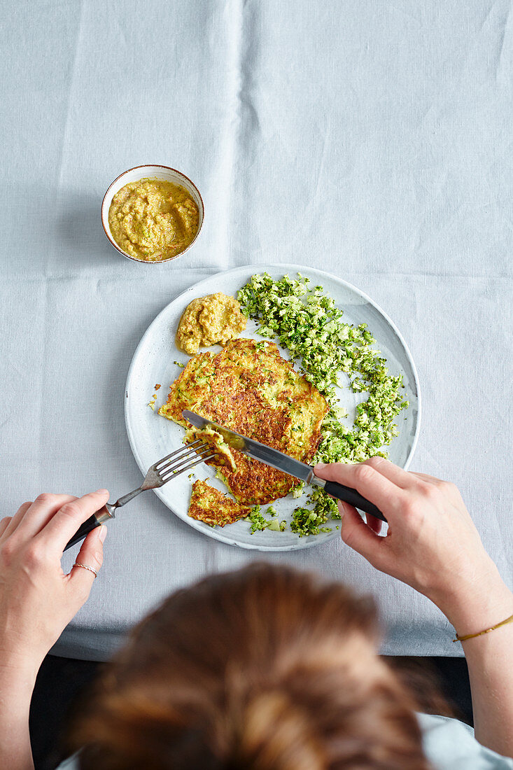 Sunshine courgette pancakes with green rice
