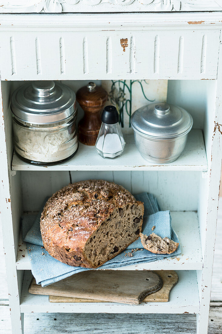 No-knead chestnut bread in a kitchen cupboard