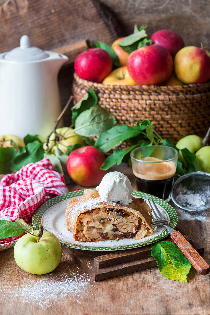 Apple strudel with vanilla ice cream