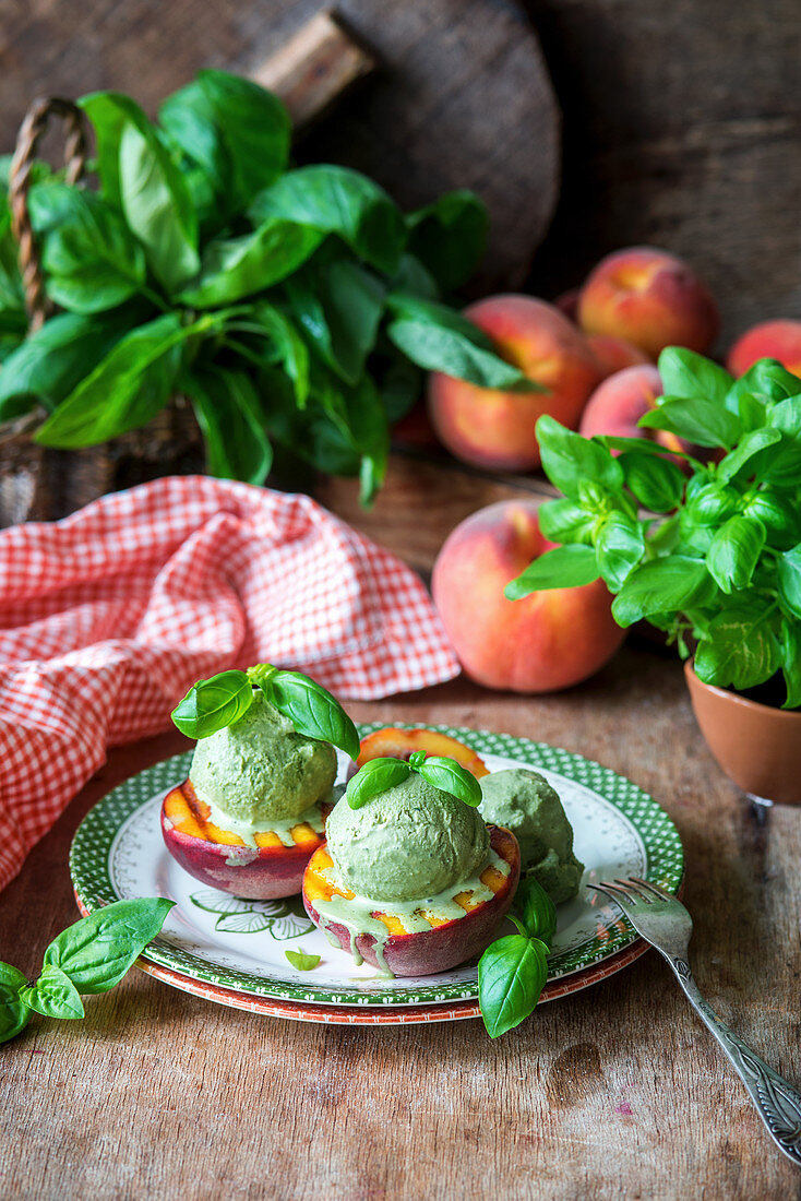 Basil ice cream with grilled peaches