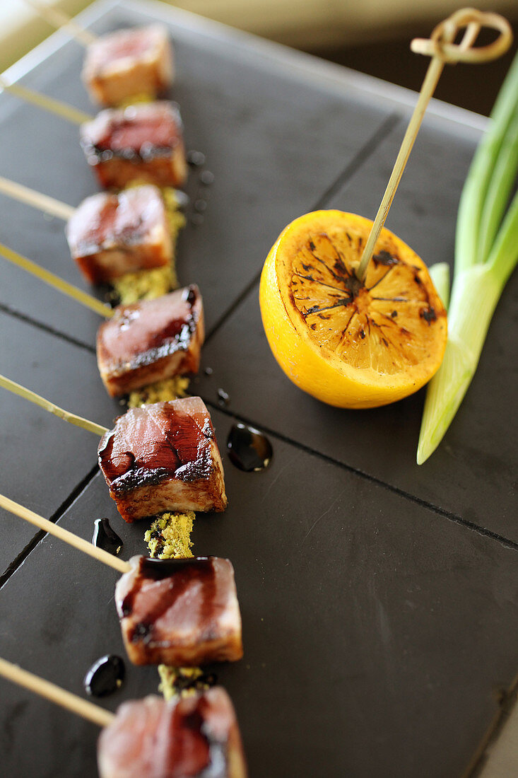 Cubes of lightly grilled tuna with ponzu sauce hors d'oeuvre