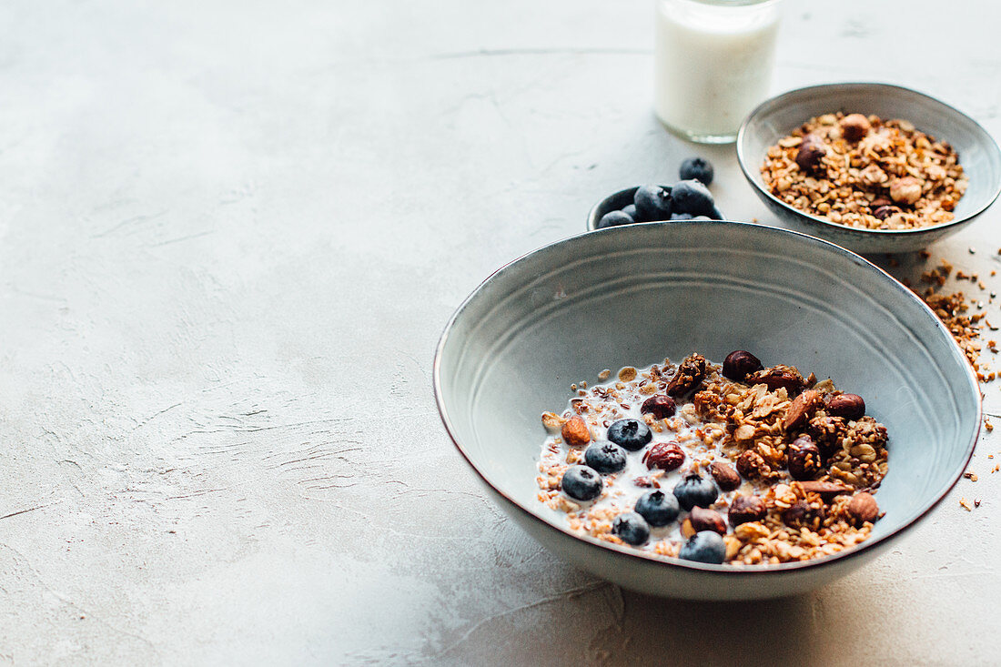 Granola with milk and blueberries