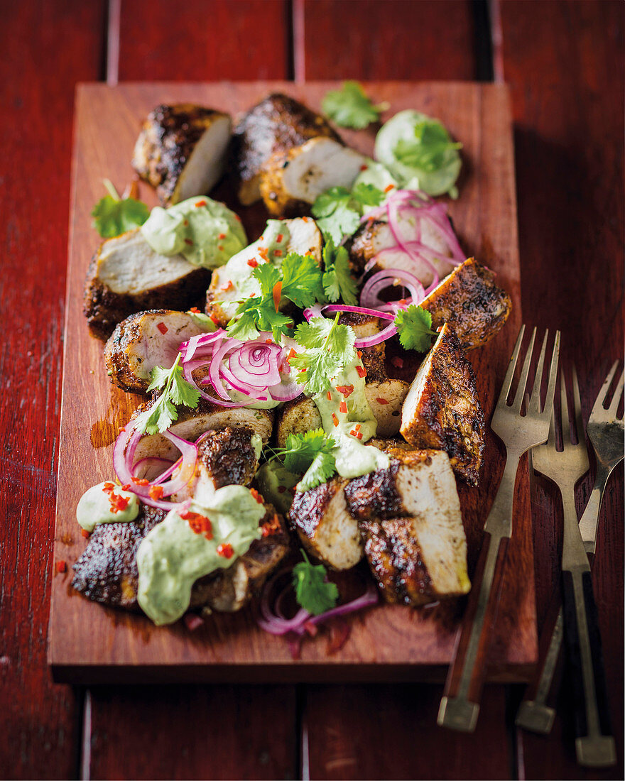 Spicy coffee chicken with avocado dressing