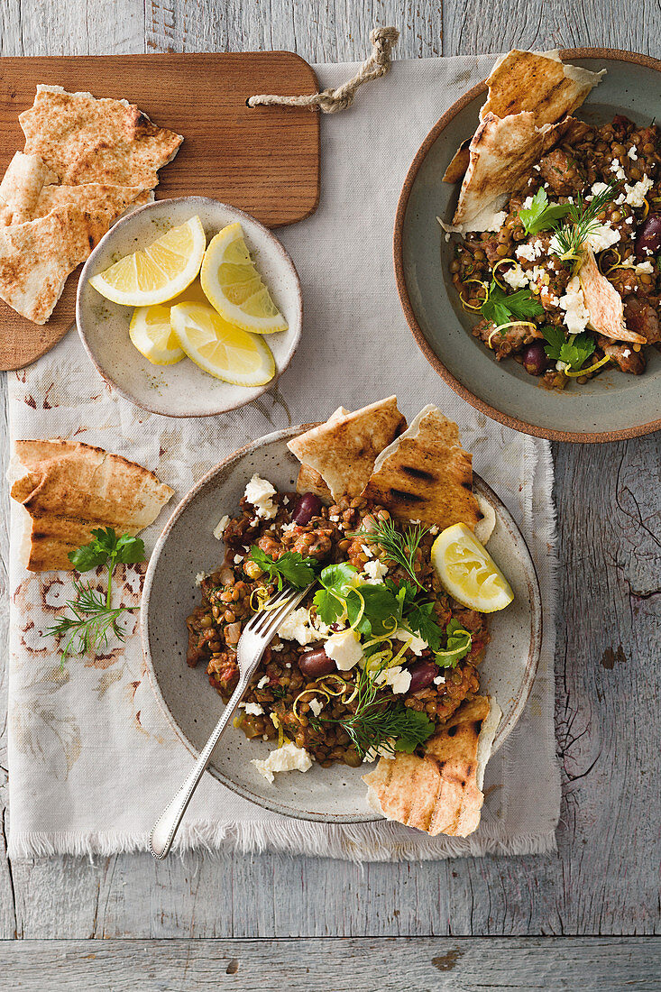 Lentils with feta cheese, lemons and unleavened bread (Greece)