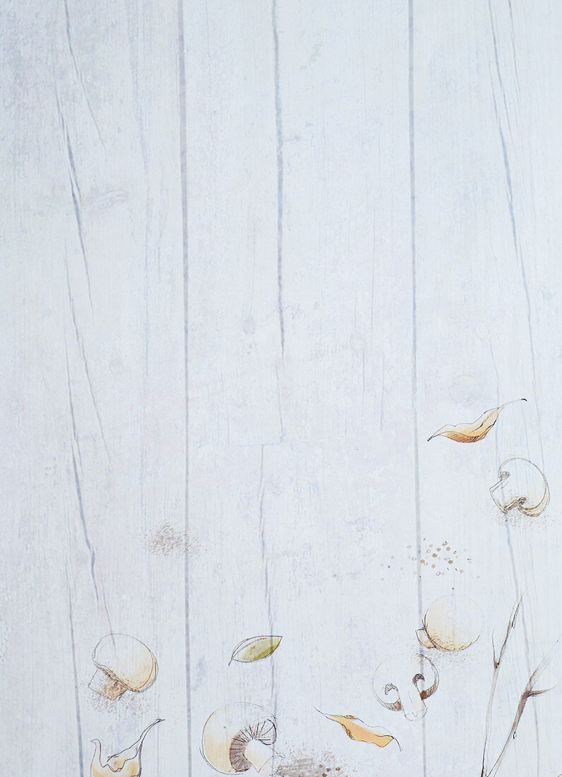 Weisser Holzuntergrund mit Pilzmotiven