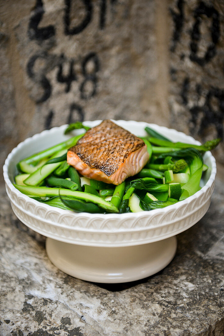 Green vegetables with grilled salmon