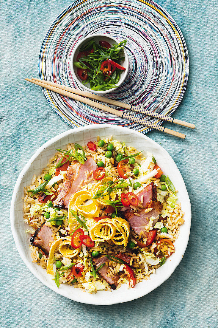 Fried rice with glazed ham and vegetables