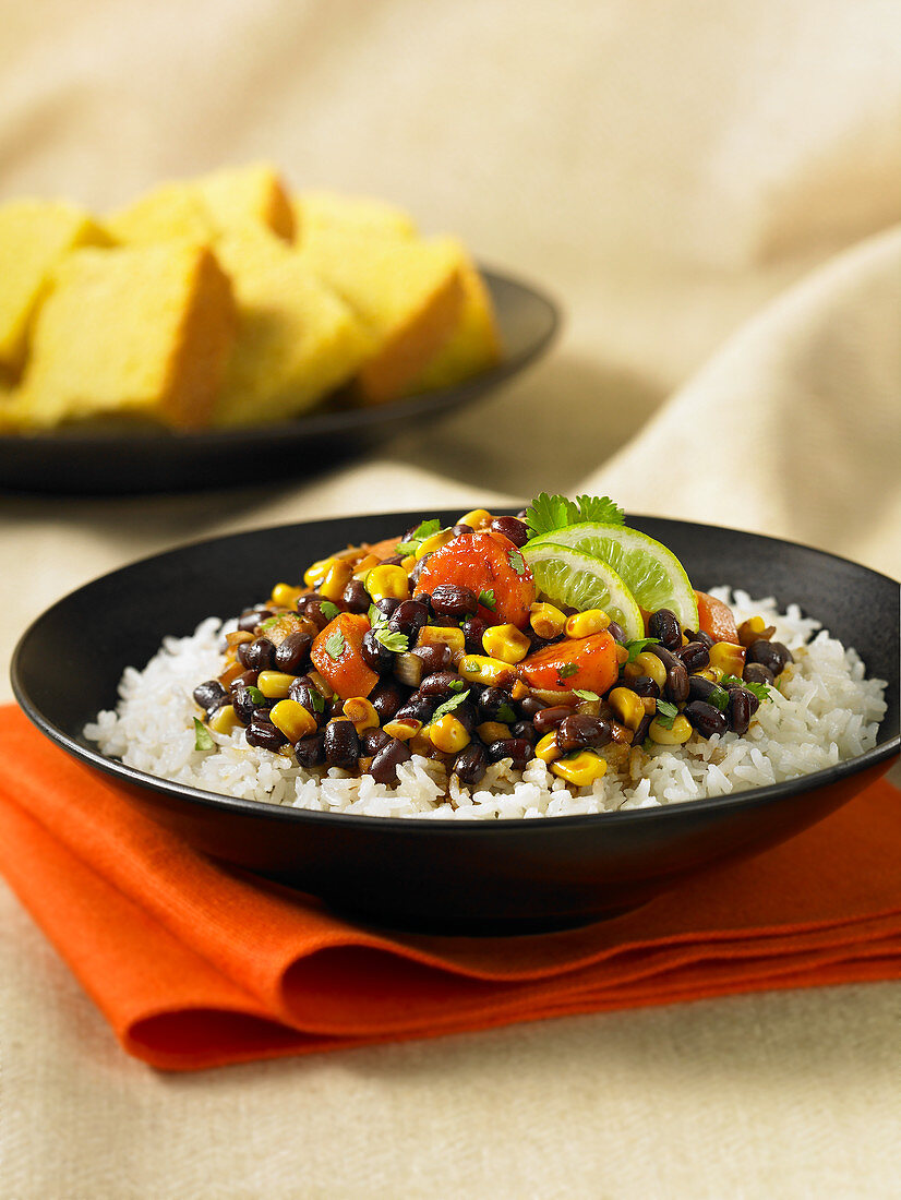 Carribean bean stew on rice, with cornbread