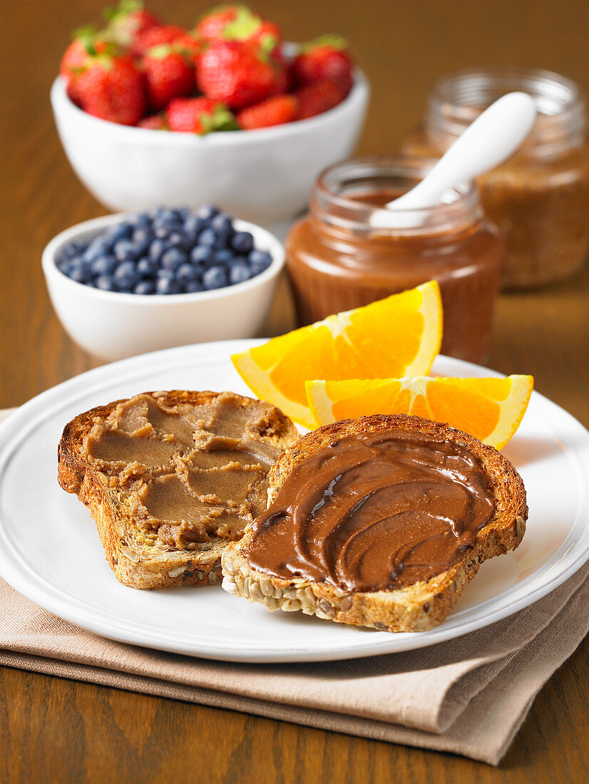 Chocolate and hazelnut spread and cinnamon and walnut butter