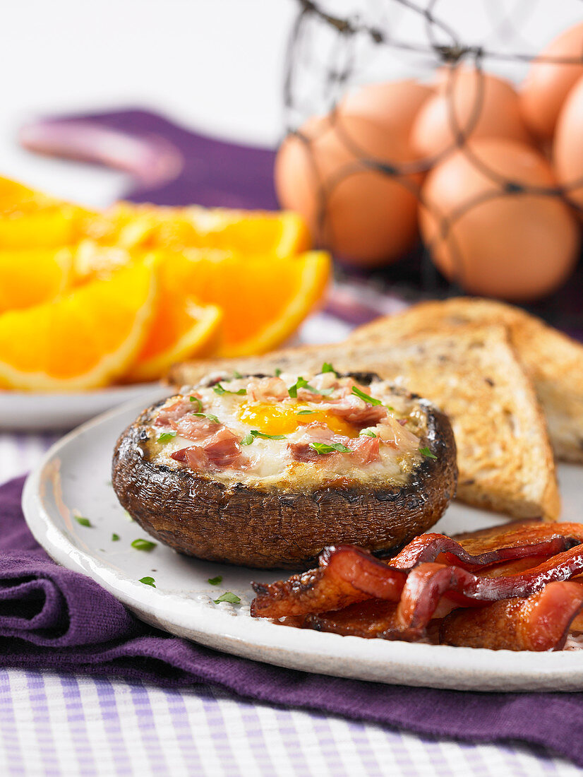 Portobello stuffed with egg and bacon