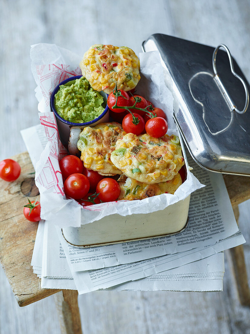 Sweetcorn fritters with guacamole to take away