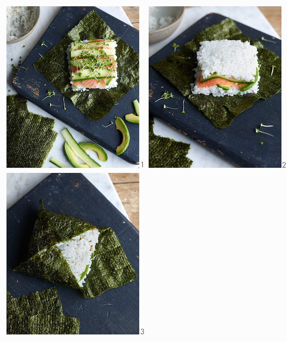 A sushi sandwich with salmon and avocado being made