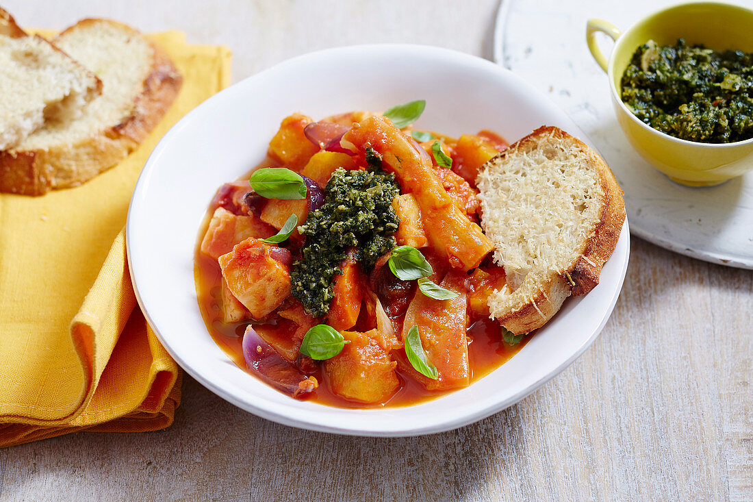 Winter Veg Casserole with Chunky Pesto