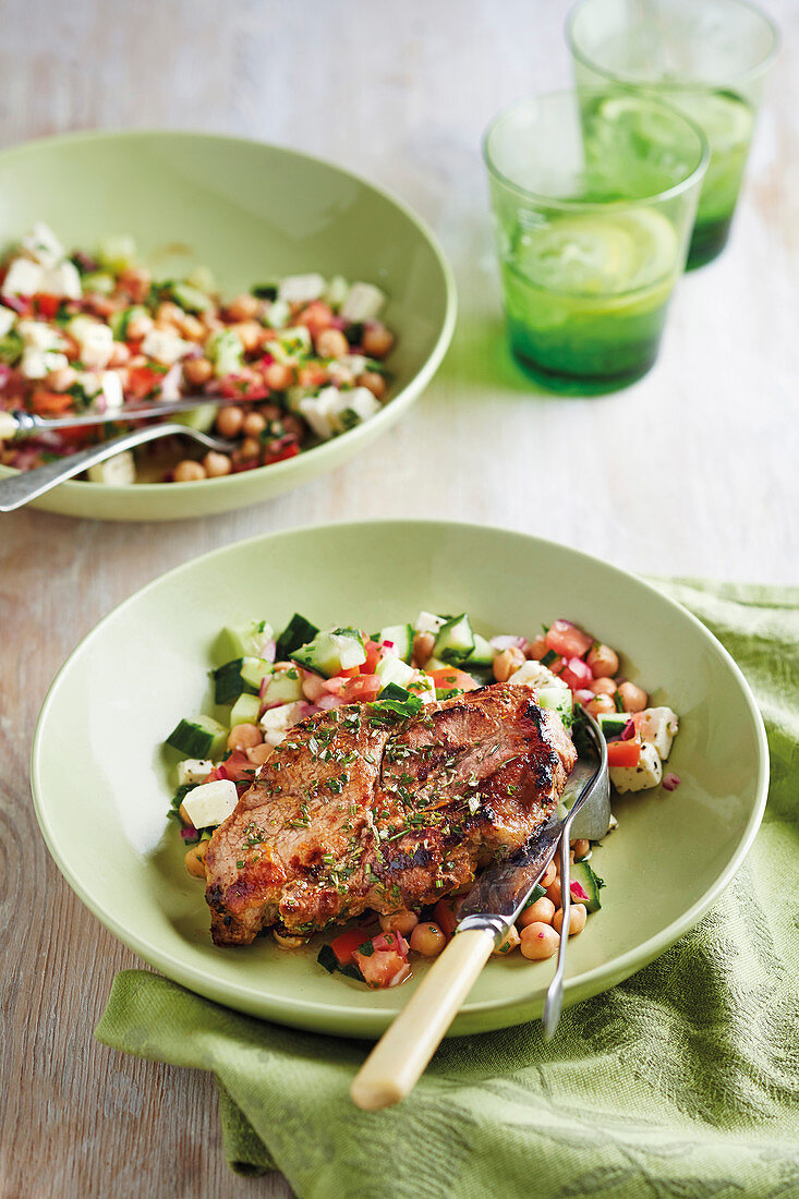 Rosemary steaks with chickpea salad
