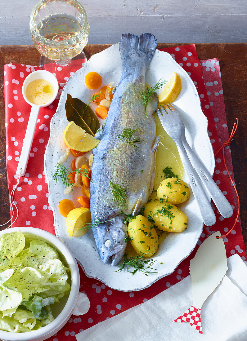 Trout au bleu with parsley potatoes