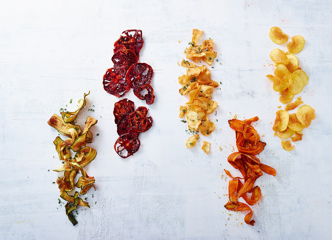 Grilled courgette, tomato, celeriac, carrot and potato crisps