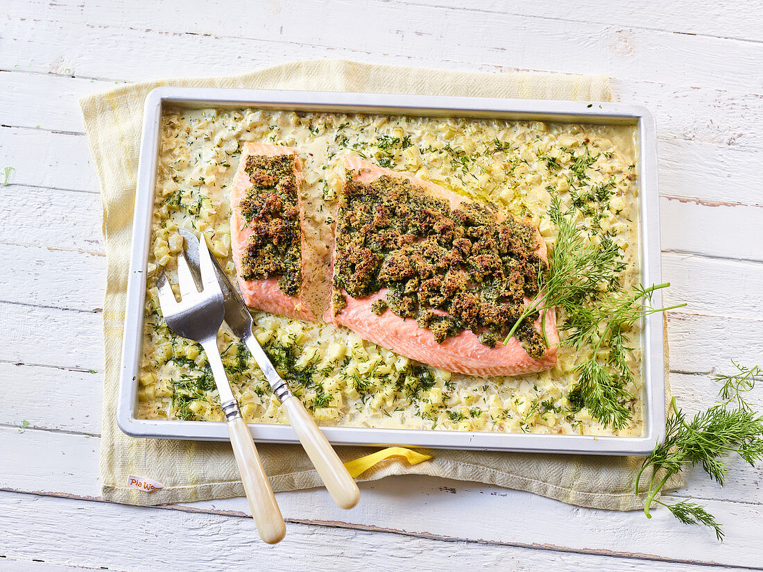 Oven-baked herb salmon with dill cucumbers