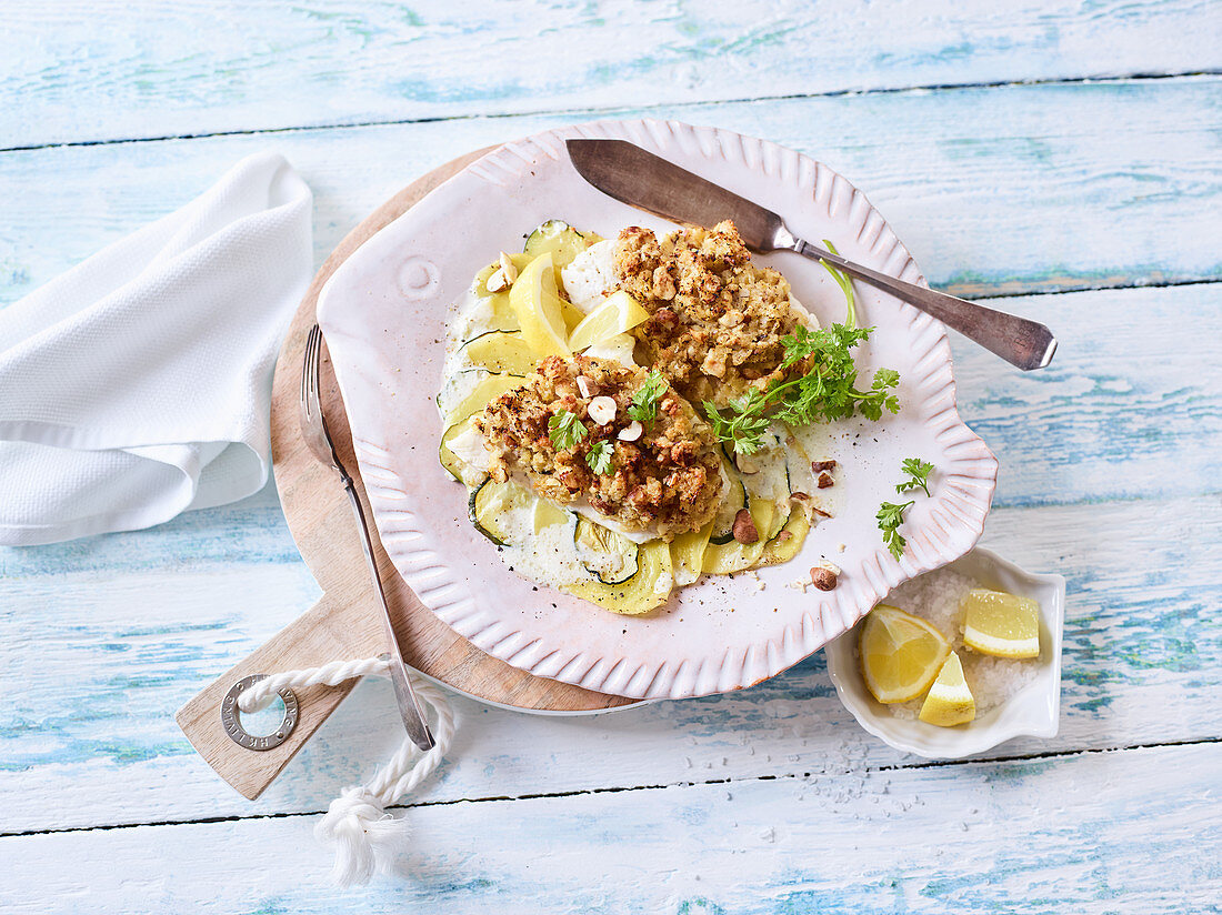 Oven-roasted zander fillet with a nut crust