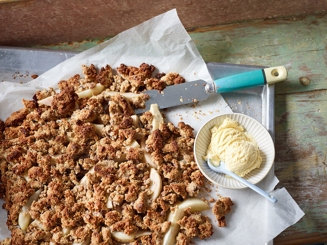 Alcoholic tray bake pear crumble