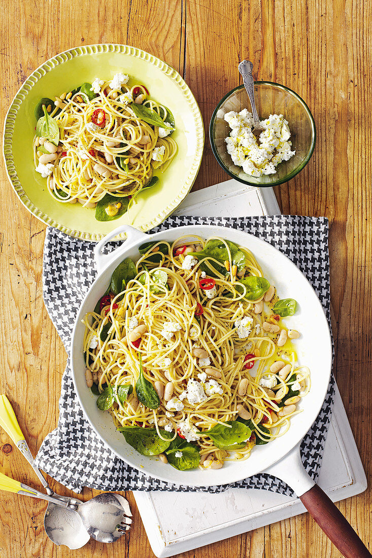 Spaghettini mit Cannellini und Ziegenkäse