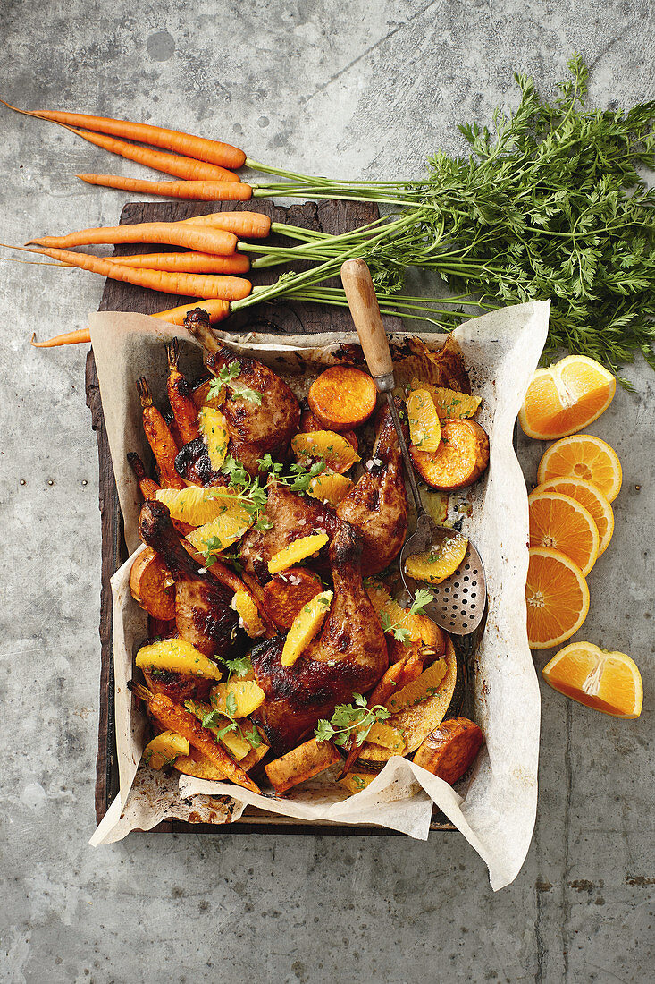Moroccan chicken with sticky roasted vegetables