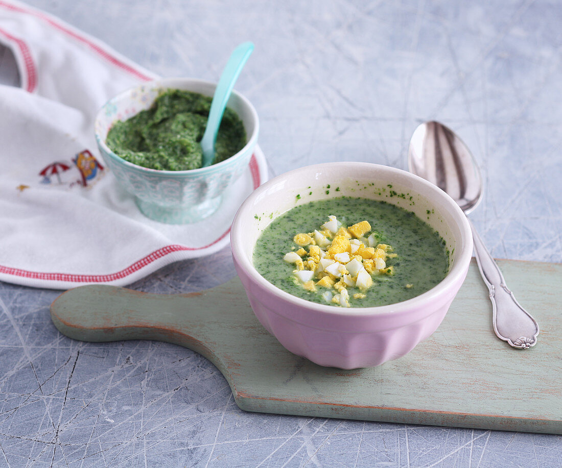 Cream of spinach and potato soup for mum and mashed for baby