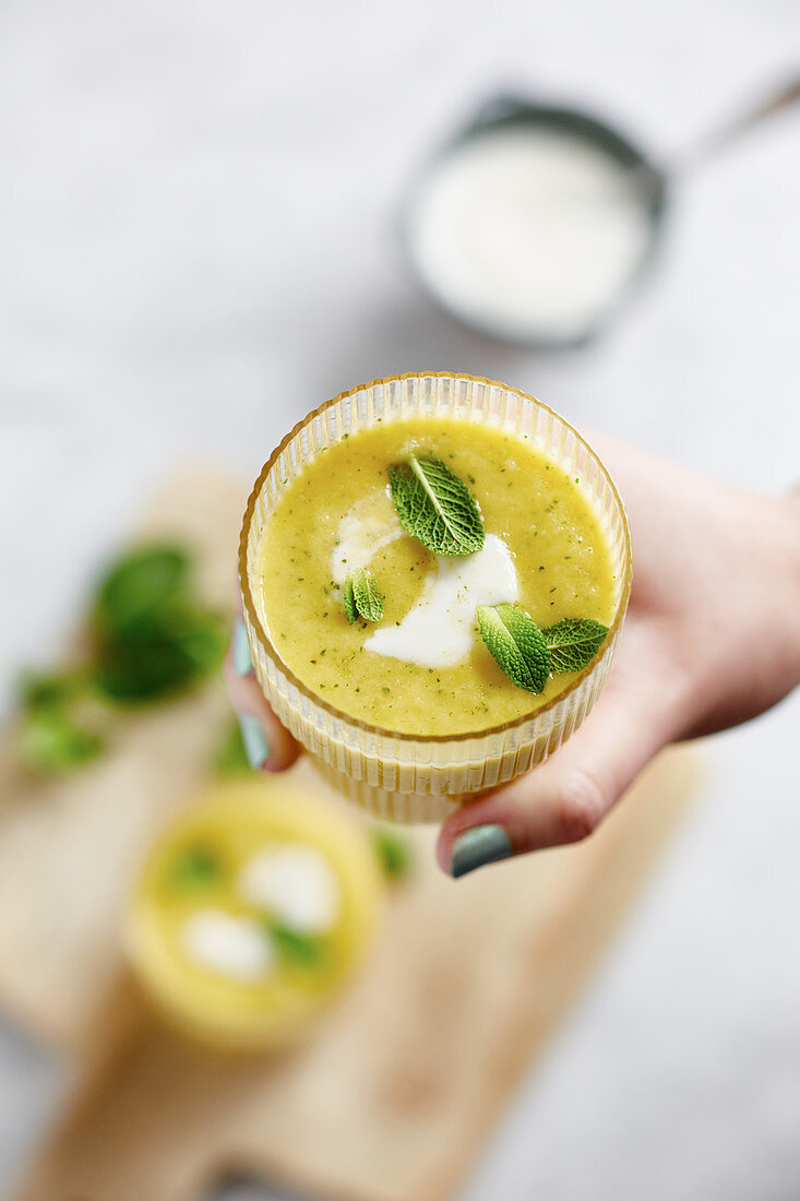 Cantaloupe melon and jalapeño soup with soya cream