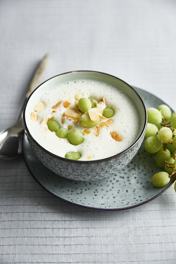 Almond and tonka bean soup with grapes