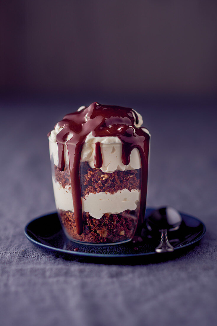 Layered chocolate dessert with whipped cream and chocolate sauce
