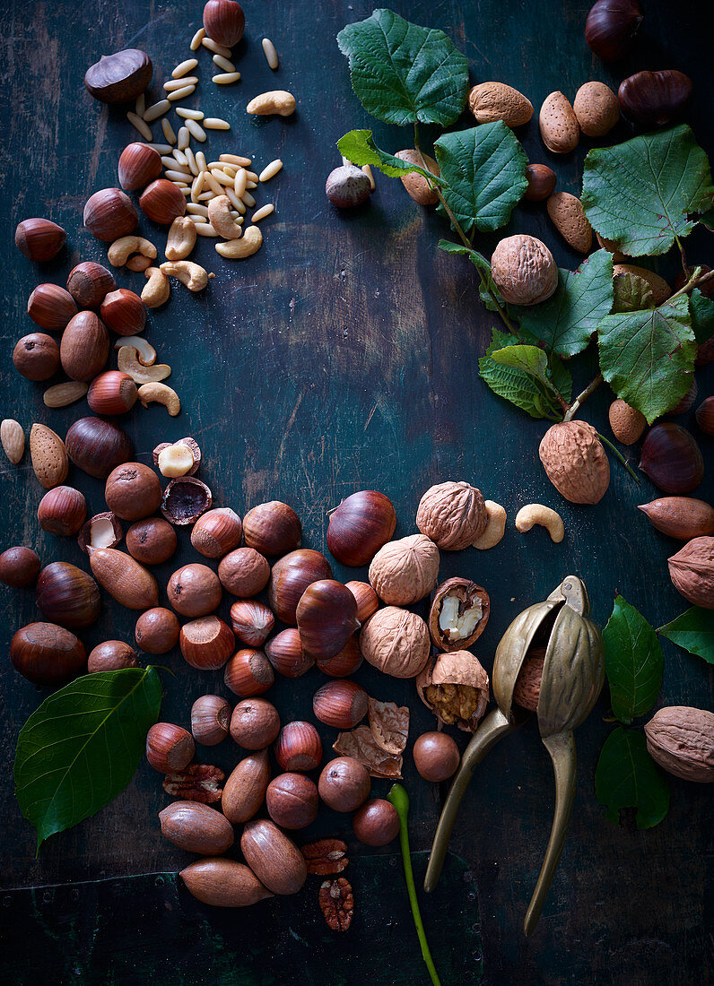 Various nuts and seeds with a nut cracker