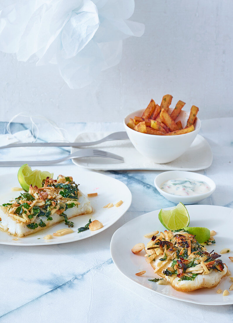 Cod fillet with slivered almonds and chips