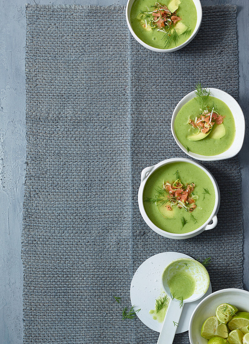 Avocado and spinach gazpacho with smoked salmon tartare