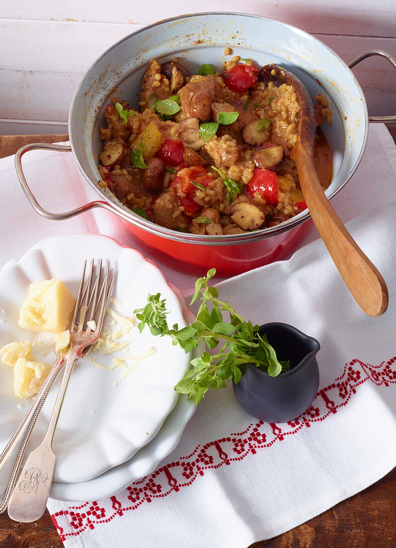 Pannonian rice meat with peppers, mushrooms and Parmesan