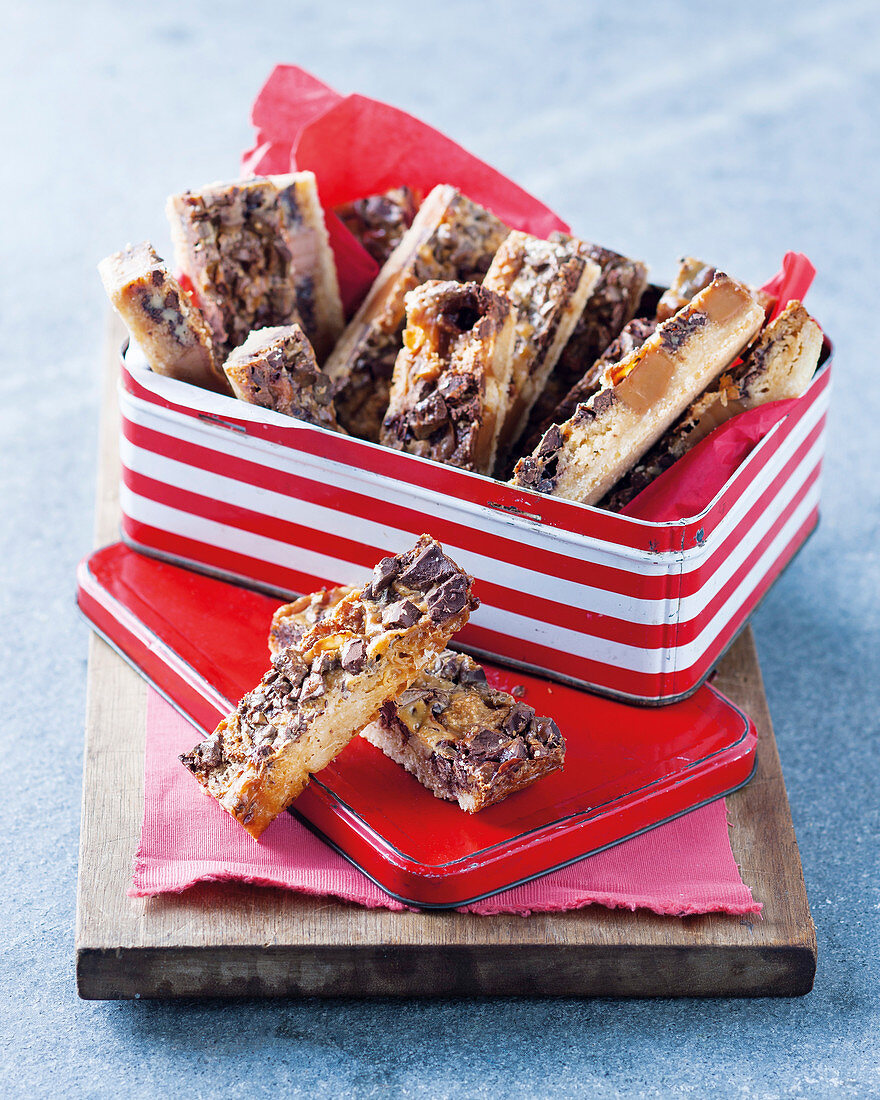 Chocolate and caramel slices