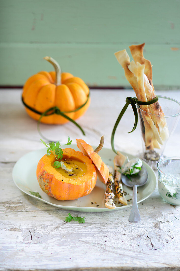 Pumpkin soup and crispy sticks