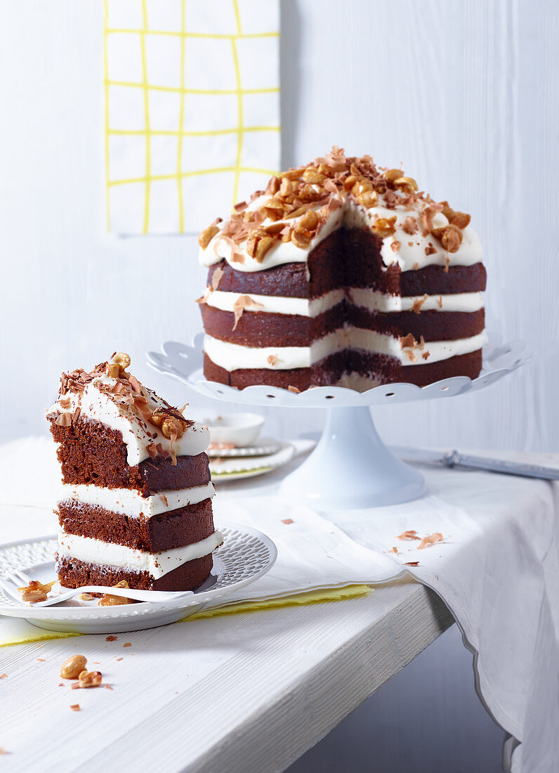 Cocoa and buttermilk cake with glazed peanuts