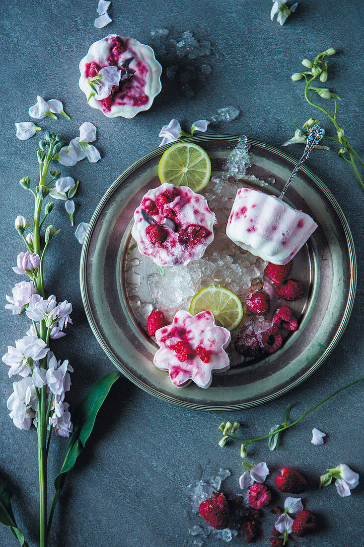 Quick raspberry and yoghurt ice cream sticks